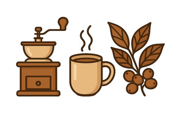 Manual coffee grinder, hot steaming mug, and coffee plant branch elements