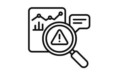 Critical data analysis review showing warning sign and magnifying glass tool