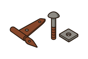 Set of rustic T-hinge, bolt, and square washer construction fasteners in isometric style