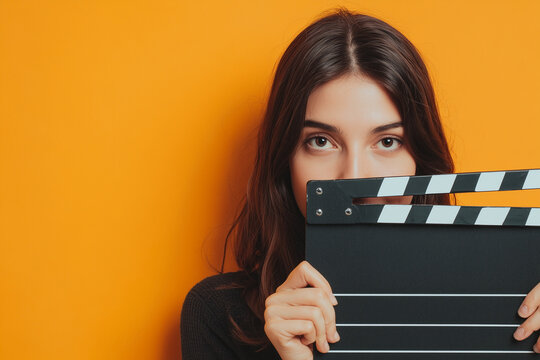 Young woman peeking over a classic movie clapperboard against a vibrant orange backdrop &mdash; cinematic portrait evoking film production, acting, and creativity