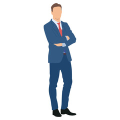 Vector illustration of a successful and confident businessman in a suit standing on white.
