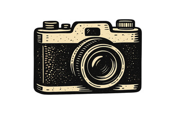 Vintage analog camera with distressed woodcut style texture isolated on white background