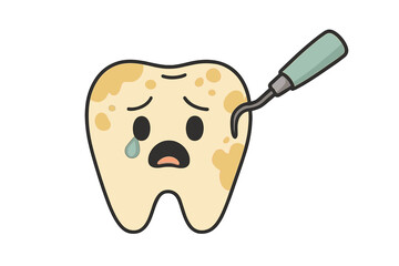 Crying dirty tooth character with plaque being scraped by a dental instrument