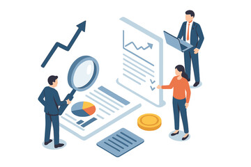 Professional team analyzing financial data and market research documents in isometric view