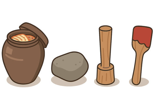 Traditional Korean kimchi making set featuring fermentation jar, stone, and wooden utensils