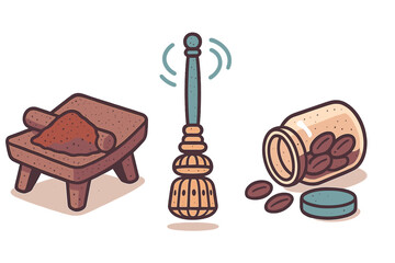 Traditional grinding stone, wooden whisk, and cocoa beans for beverage preparation