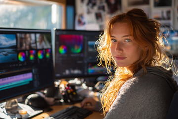 Sunlit portrait of a redheaded woman video editor in a creative home studio, colorgrading footage on multiple monitors during postproduction