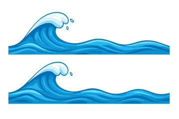 Set of two stylized blue ocean waves with cresting foam suitable for seamless borders