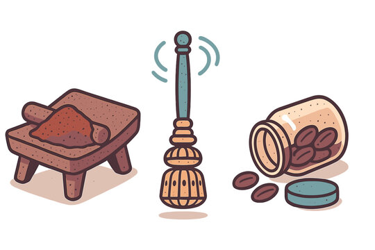 Traditional grinding stone, wooden whisk, and cocoa beans for beverage preparation
