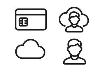 Outline symbols for digital payment, cloud storage, user profile, and online identity concepts
