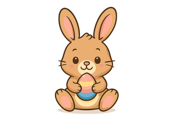Adorable rabbit character sitting and gently holding a brightly striped holiday egg
