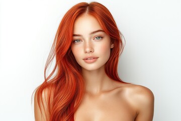 A beautiful woman with striking red hair and fair skin poses for a portrait against a clean white background. Subtle makeup enhances her natural features.