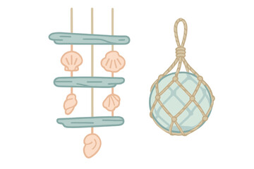 Decorative nautical elements featuring a seashell mobile wind chime and a traditional glass fishing float