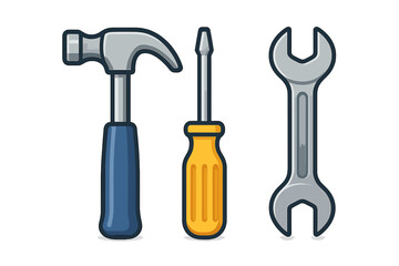 Essential hand tools set featuring a claw hammer, flathead screwdriver, and open-end wrench