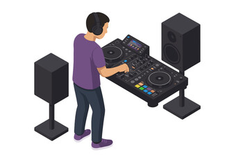 Person mixing music on professional DJ controller setup with large speakers in isometric view