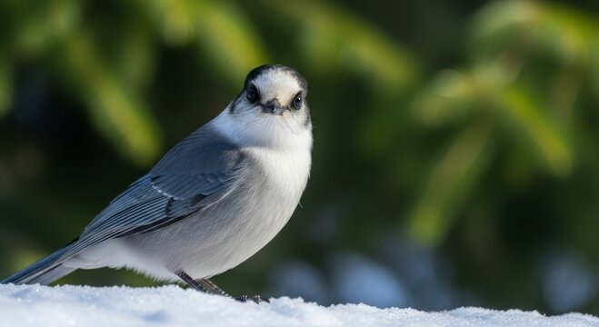 A gray jay perched on a snow covered surface with green foliage in the blurred background outdoors