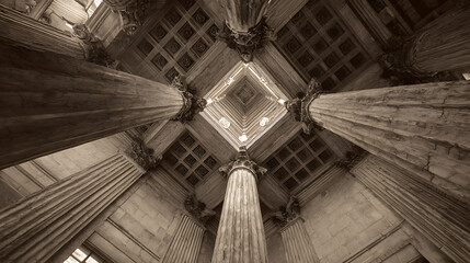 Grandiose Ionic Columns Supporting Ornate Coffered Ceiling architecture building