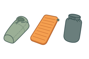 Essential camping and hiking gear set including a sleeping bag, inflatable pad, and waterproof dry sack