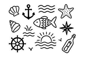 Hand drawn marine and nautical symbols including sea life, travel, and summer elements