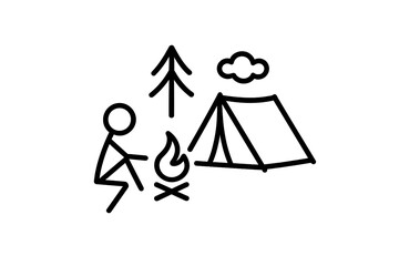 Outdoor camping scene featuring a person sitting by a bonfire next to a tent
