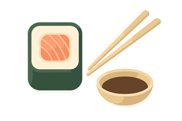 Japanese salmon maki sushi roll served with wooden chopsticks and a small bowl of soy sauce