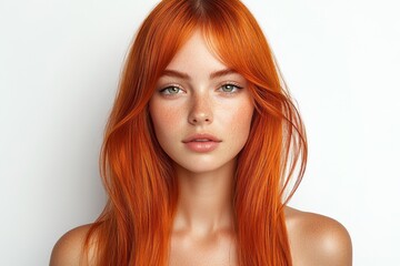 Naklejka premium A beautiful woman with striking red hair and freckles poses against a clean white backdrop, radiating a calm and confident demeanor.