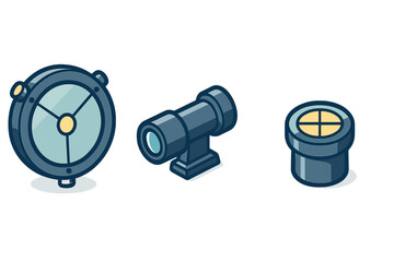 Isometric icons set of navigation instruments and optical observation devices