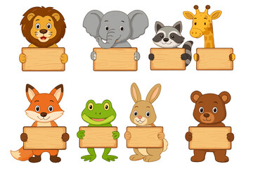 Cute cartoon animals holding blank wooden signs: lion, elephant, giraffe, raccoon, fox, frog, rabbit, bear