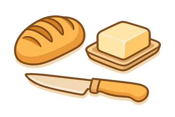 Isometric style bread loaf, butter block, and knife set isolated on white background
