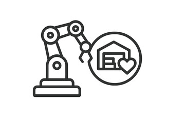 Robotic arm moving a warehouse icon with a heart symbol for automated logistics and customer service