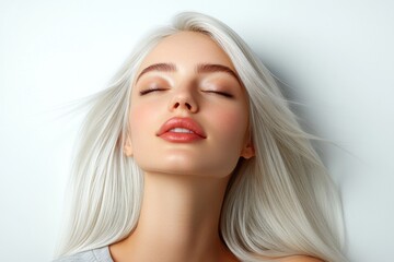 Naklejka premium A beautiful woman with long blonde hair finds peace by closing her eyes in a tranquil and calming environment.