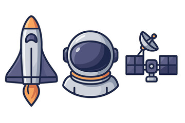 Launching rocket, astronaut helmet, and orbital satellite representing space exploration