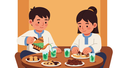 Children enjoying a cozy snack time with cookies and drinks in a warm setting