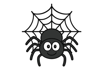 Cute black spider cartoon character hanging on a spiderweb for Halloween