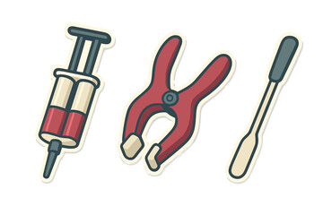 Stylized icons of syringe, utility clamp, and laboratory spatula for science projects
