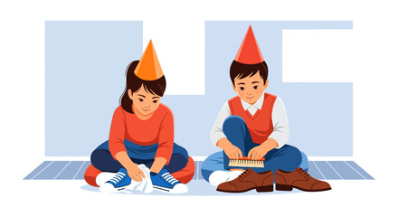 Children Celebrating Birthday with Party Hats and Toy Keyboard in Indoor Setting