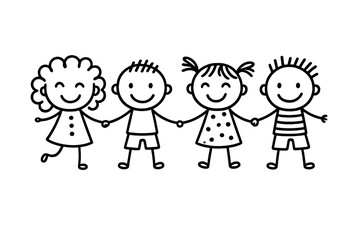 Happy stick figure children holding hands in a line symbolizing friendship and unity