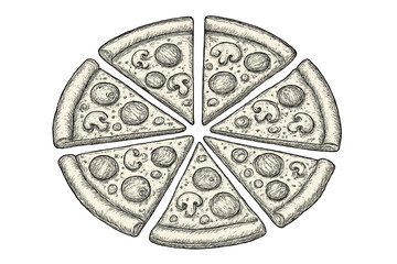 Vintage hand drawn drawing of pizza slices with mushroom and pepperoni toppings
