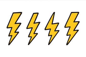Four bright yellow lightning bolt symbols for power energy and electricity