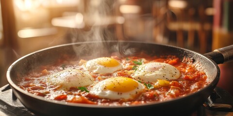 Steaming shakshuka with four eggs poached in tomato sauce in frying pan