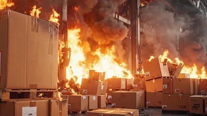 Devastating inferno engulfs a large warehouse, with countless cardboard boxes and valuable inventory ablaze, creating a hazardous emergency situation and significant property damage