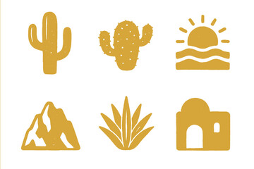 Golden desert and southwestern nature icons featuring distressed texture
