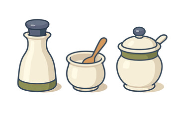 Set of traditional ceramic condiment containers including a sauce dispenser bottle and lidded sugar bowl