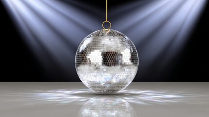 Shimmering disco ball hanging from above, reflecting vibrant light patterns on a glossy surface, creating a lively atmosphere perfect for parties and celebrations, enhancing the festive mood