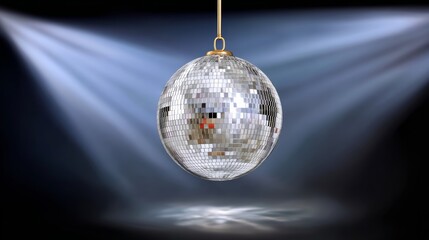 Shimmering disco ball suspended from ceiling, reflecting vibrant light beams in a darkened space, creating an energetic atmosphere for dance and celebration events