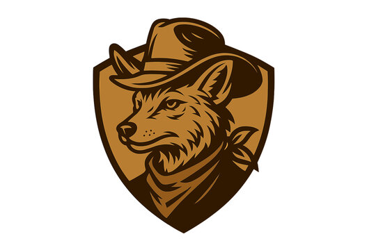 Fierce wolf head wearing a cowboy hat and neck bandana, stylized Western mascot emblem