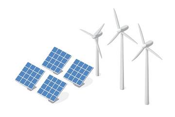 Isometric renewable energy sources featuring solar panels and wind turbines on a white background © icon_art