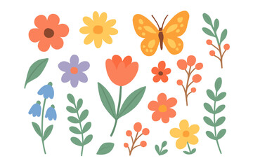 Cute colorful spring and summer floral elements set featuring a butterfly