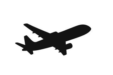 Black silhouette of a commercial passenger airplane taking off or landing, isolated on white background