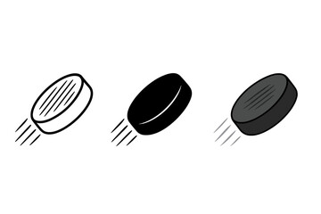 Three dynamic styles of flying hockey puck icons symbolizing speed and winter sports